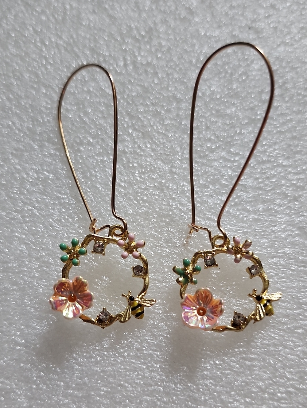 Hand Crafted Gold Floral Hoop Earrings with Pink and Green Accents
